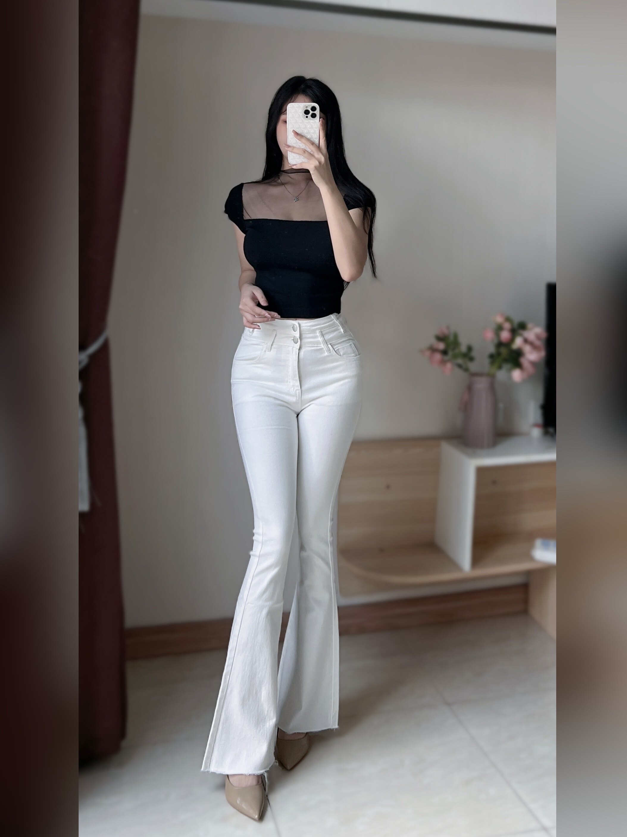 2022新款好纯欲韩国女主ins白色喇叭牛仔裤女修身高腰显瘦拖地裤