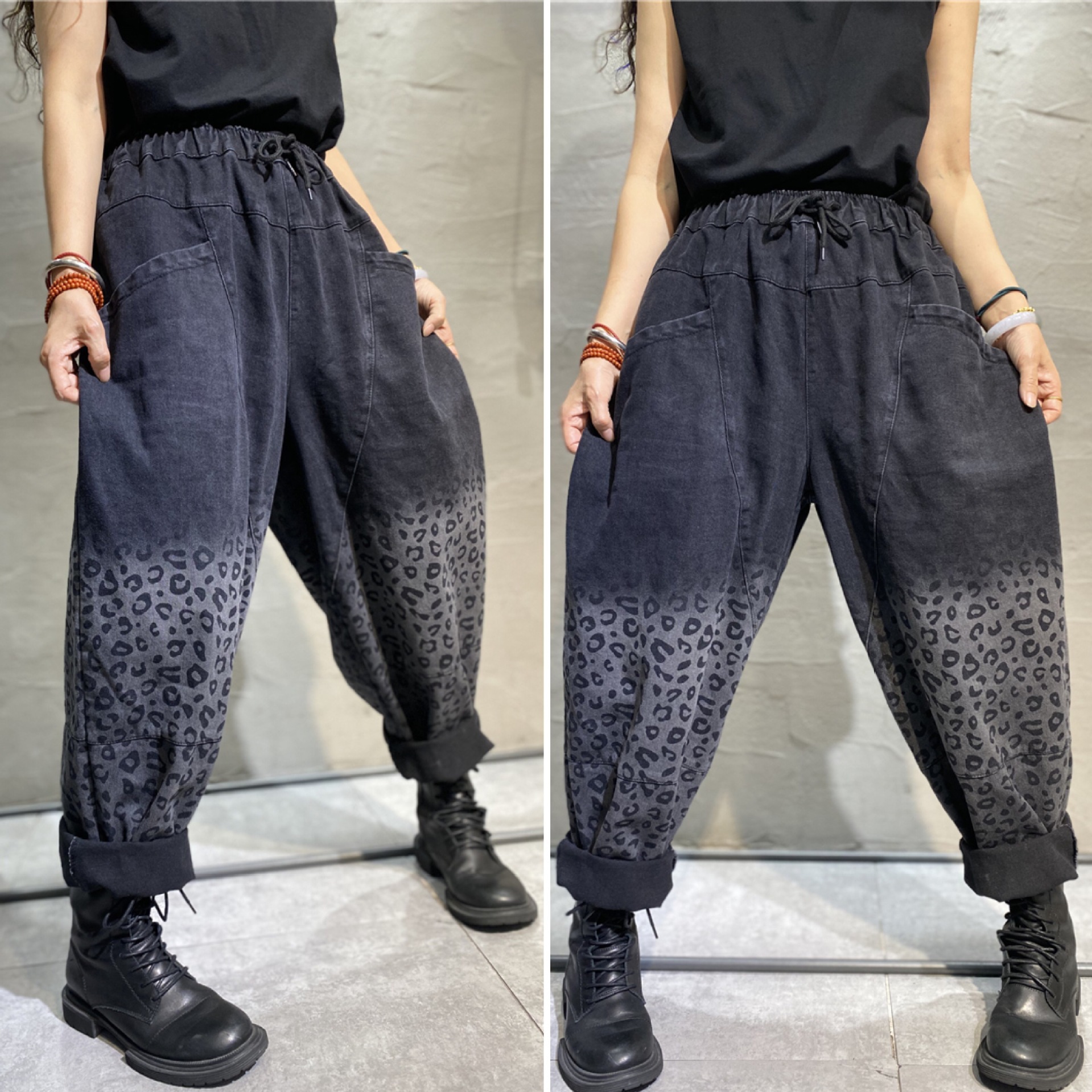 哈伦松紧带牛仔裤女图片