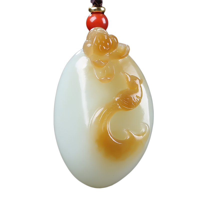 喜事连连新疆和田玉喜鹊莲花吊坠且末糖白玉挂件玉佩天然玉石