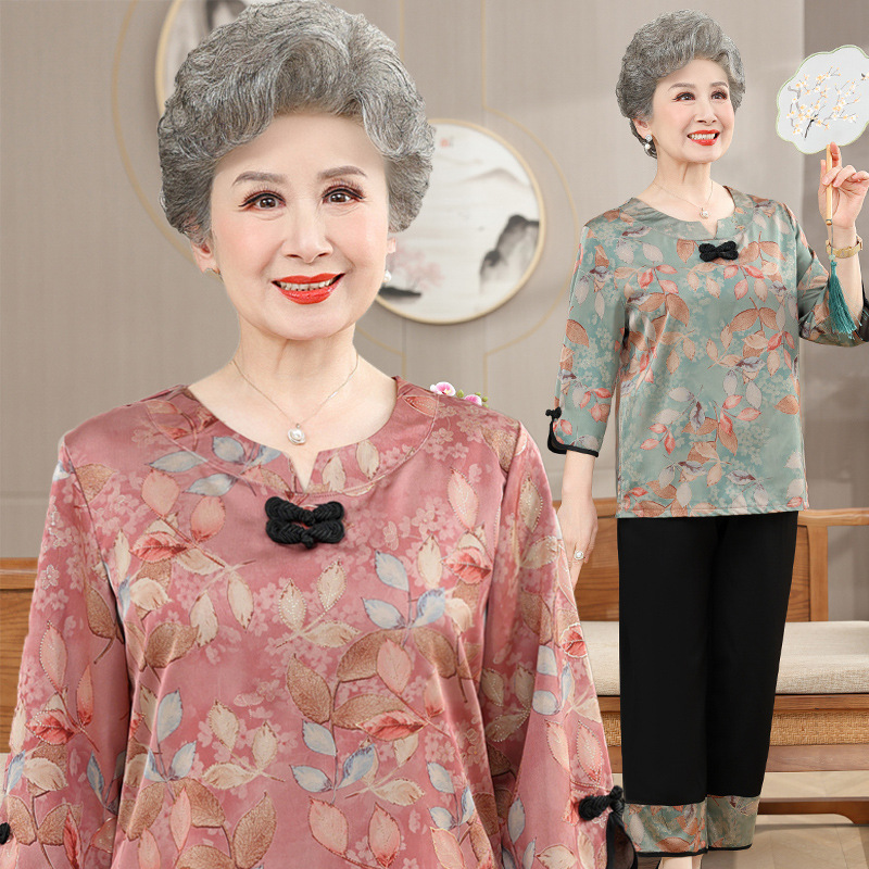 奶奶夏装套装新款中老年女装时尚短袖两件套60岁老年人仿真丝上衣