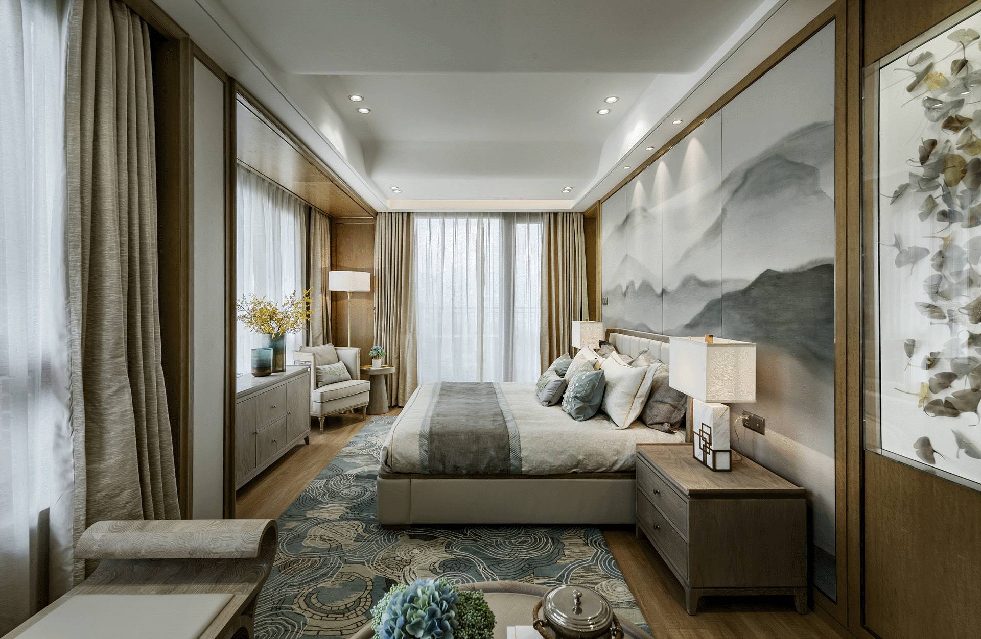 新中式别墅样板间卧室装修效果图