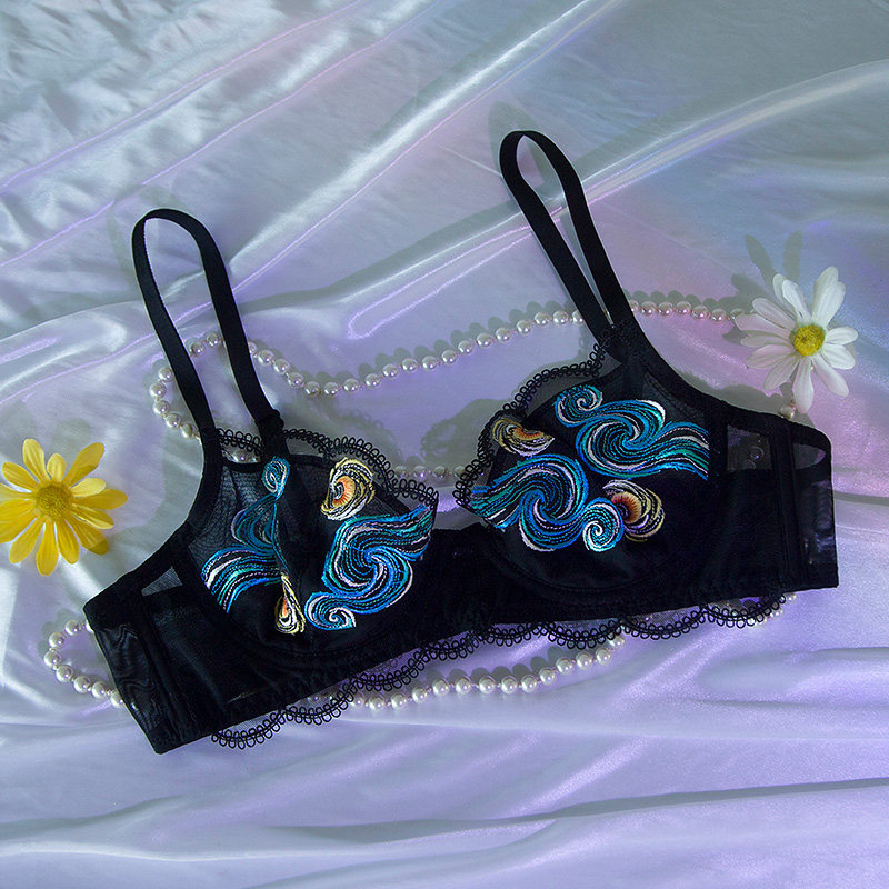 热销全透明文胸_【原创设计】性感惑蕾丝刺绣黑色文胸超薄款全透明