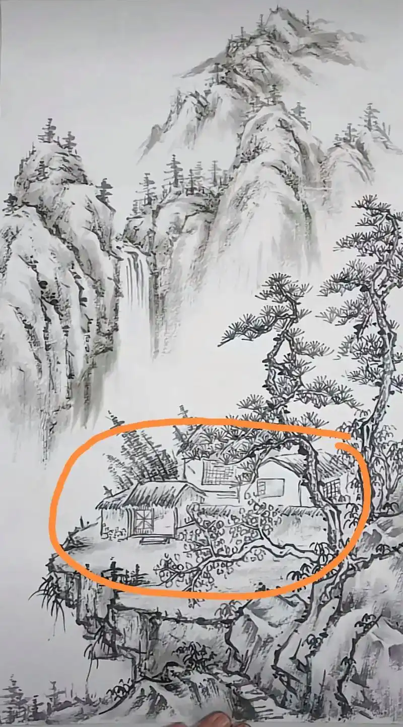 感受国画的意境之美,山坡平台上毛草屋的画法 - 抖音