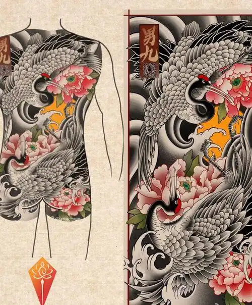 仙鹤牡丹纹身图片_背部老传统新传统仙鹤北京牡丹纹身图案