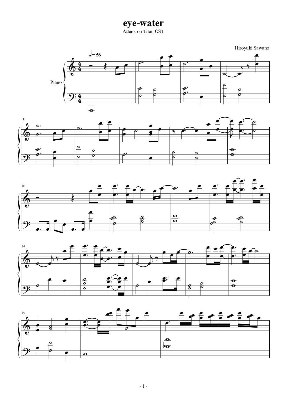 进撃的巨人(进撃の巨人)(attack on titan)- eye-water钢琴谱,进撃的