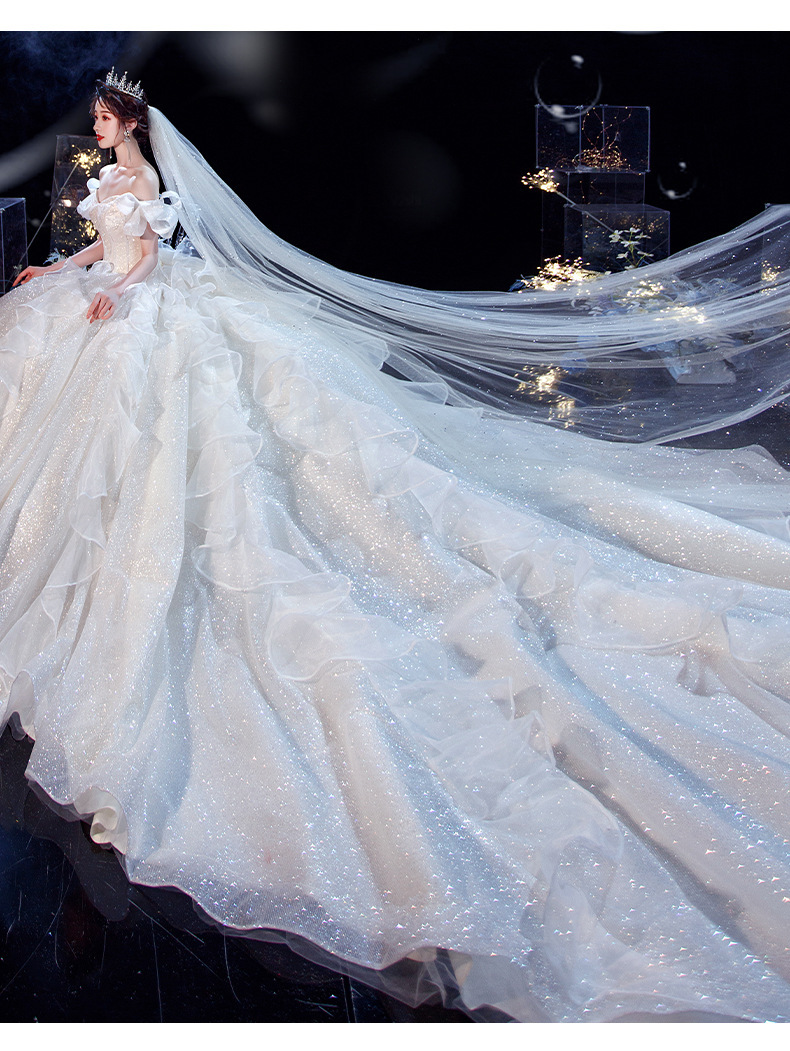 气质主婚纱森系2022新款小个子新娘大拖尾超仙星空一字肩梦幻齐地