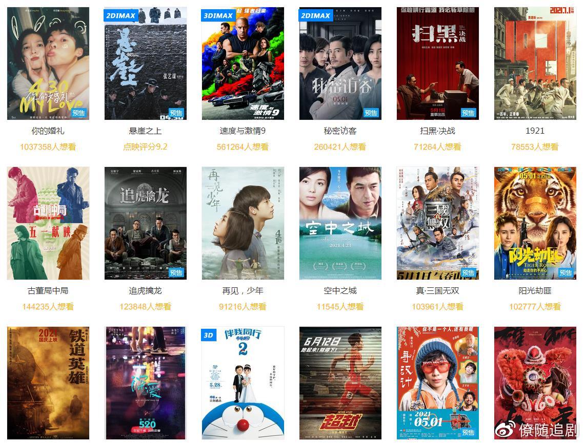 2021电影五一档预售票房领跑就是赢家坐等多部影片花式逆袭