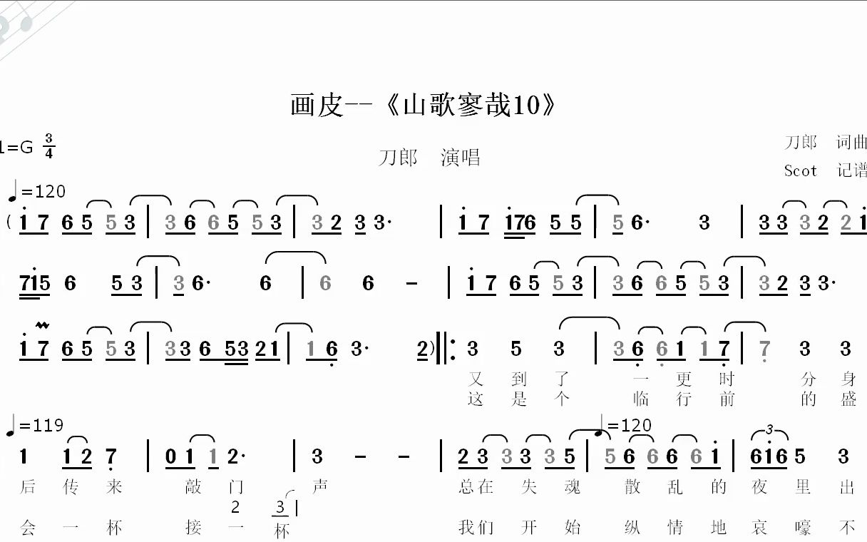 画皮--刀郎新专辑《山歌寥哉》第10首--动态简谱