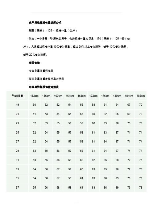 成年男性标准体重计算公式身高(厘米)-105=标准体重(公斤)例如,一个