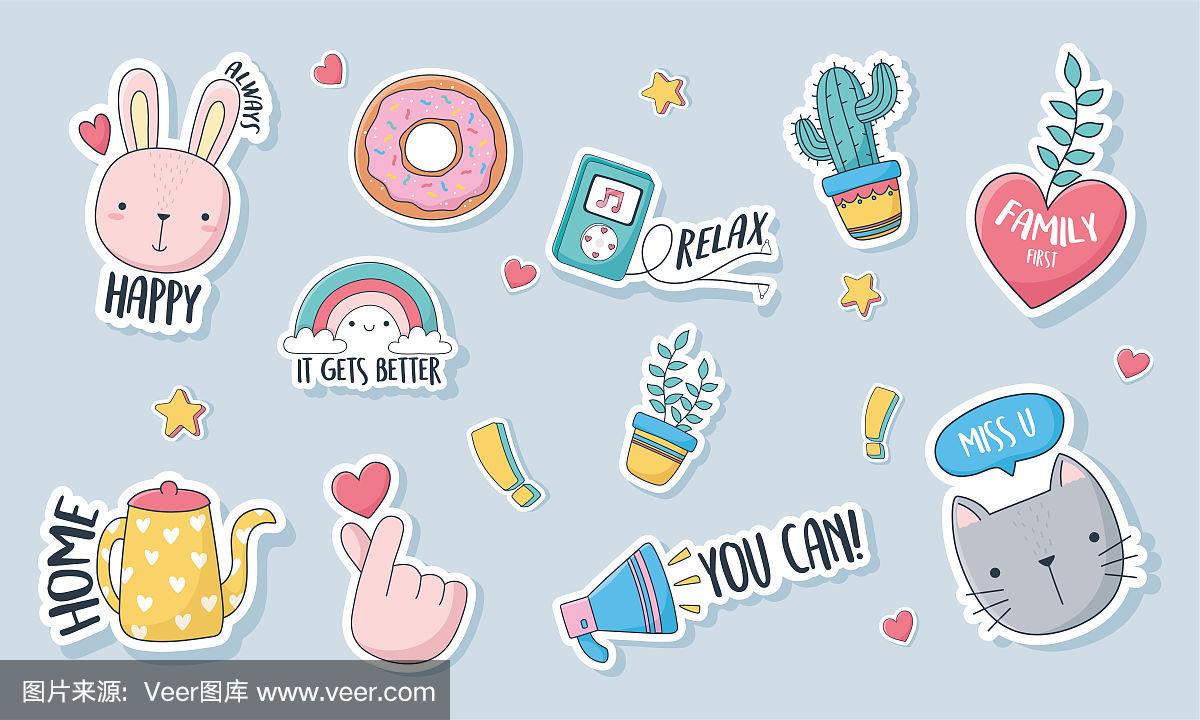 可爱的东西为卡片贴纸或补丁装饰卡通集图标