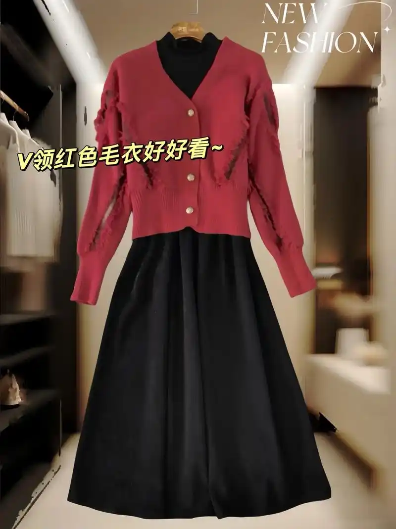 这款酒红色开衫搭配黑长裙真的爱 - 抖音