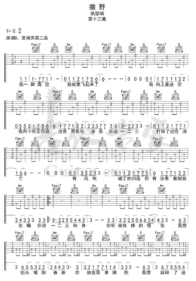 撒野吉他谱简单版c调谱 凯瑟喵