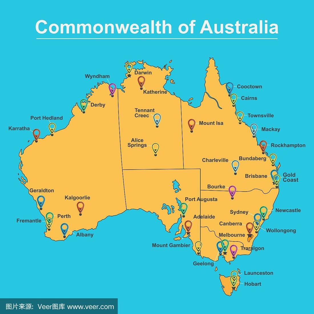 澳大利亚地图与主要城镇和城市,矢量插图