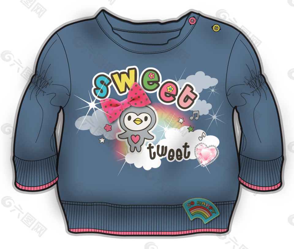 卡通小鸟长袖小女孩服装设计彩色原稿矢量