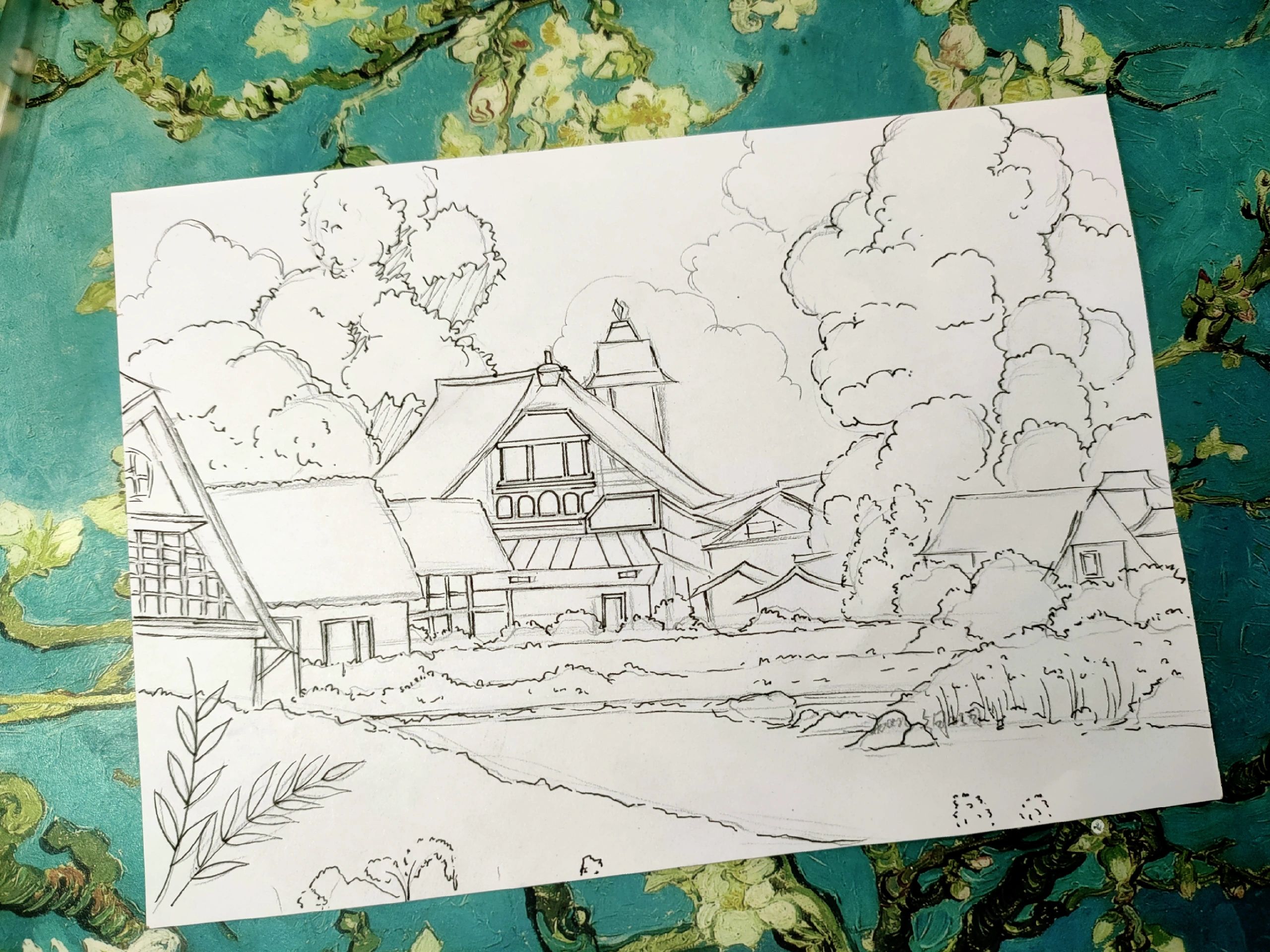 马克笔风景画《宫崎骏动漫场景》线稿