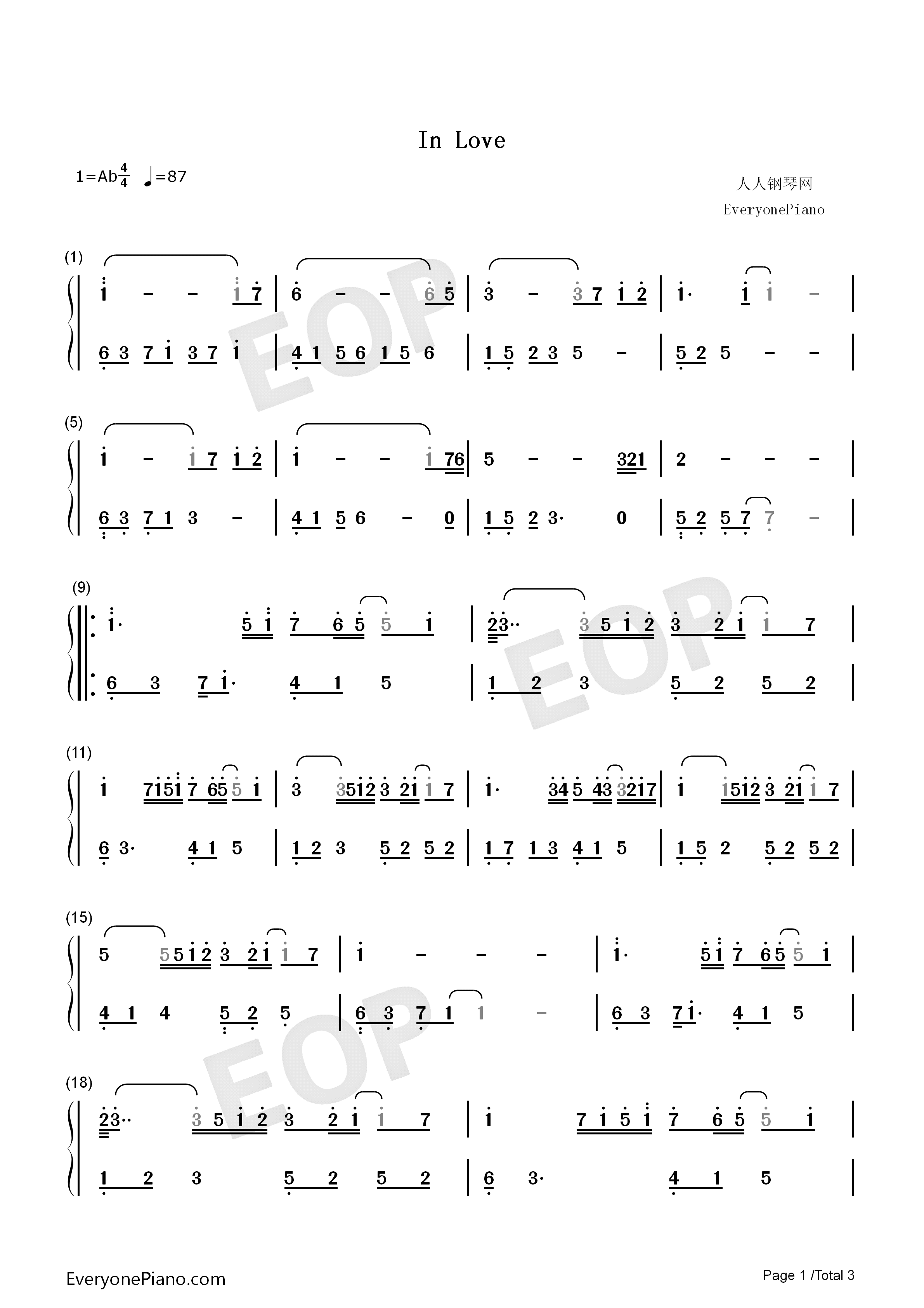 钢琴曲谱 流行 in love-沈浸在爱中-july in love-沈浸在爱中-july