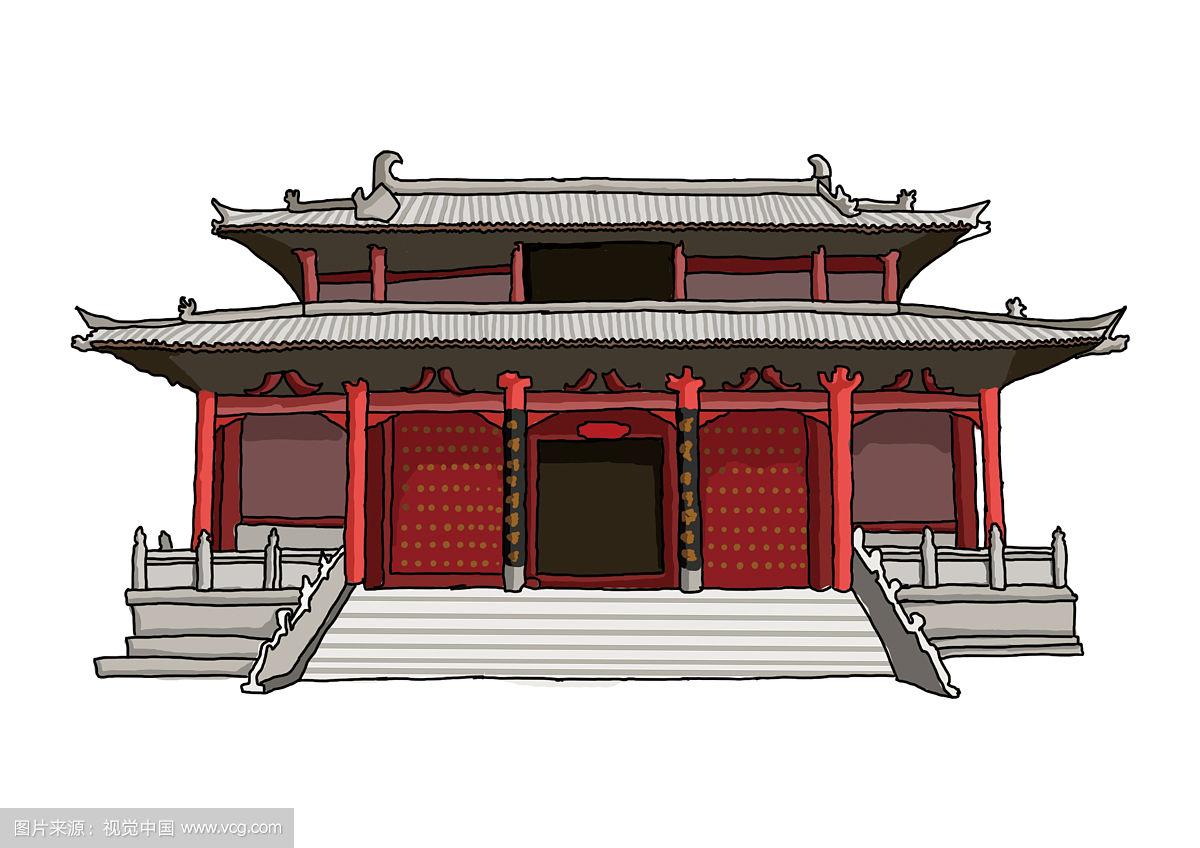 插画老建筑传统景点房屋庭院门楼