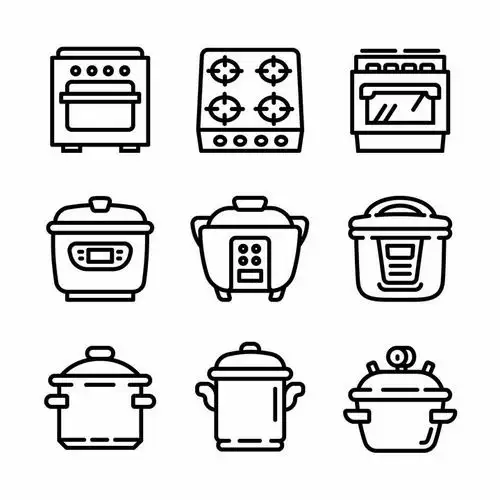 9款黑色线条风格洗碗机煤气灶电饭锅等厨房用品png图片免抠矢量素材