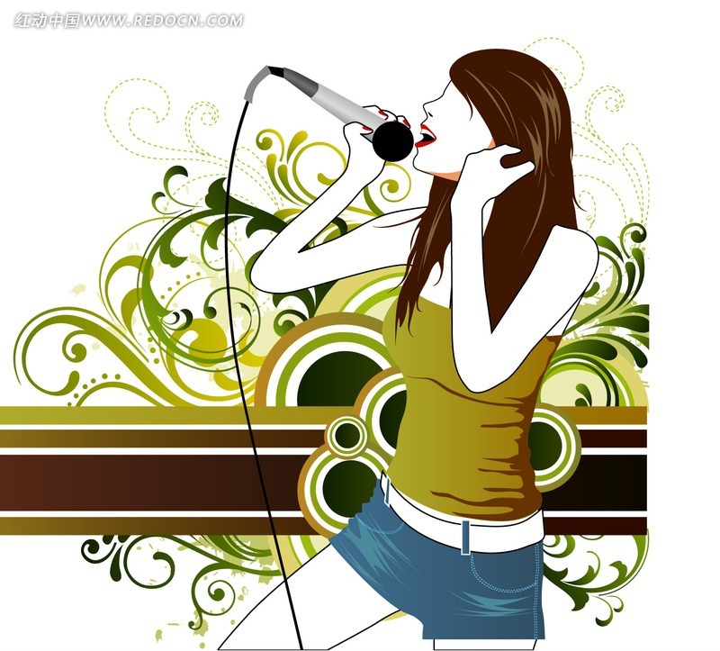卷草图案花背景上拿着麦克风唱歌的时尚女孩