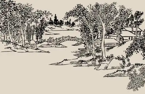 白描山水黑白线条水墨风景传统中国画