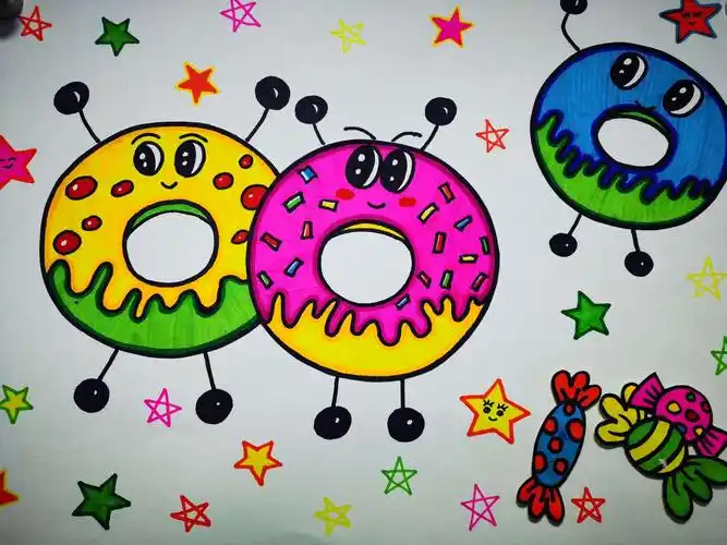 作业:在美术作业本上画一幅创意画《美味的甜甜圈》构图完整,铅笔起形