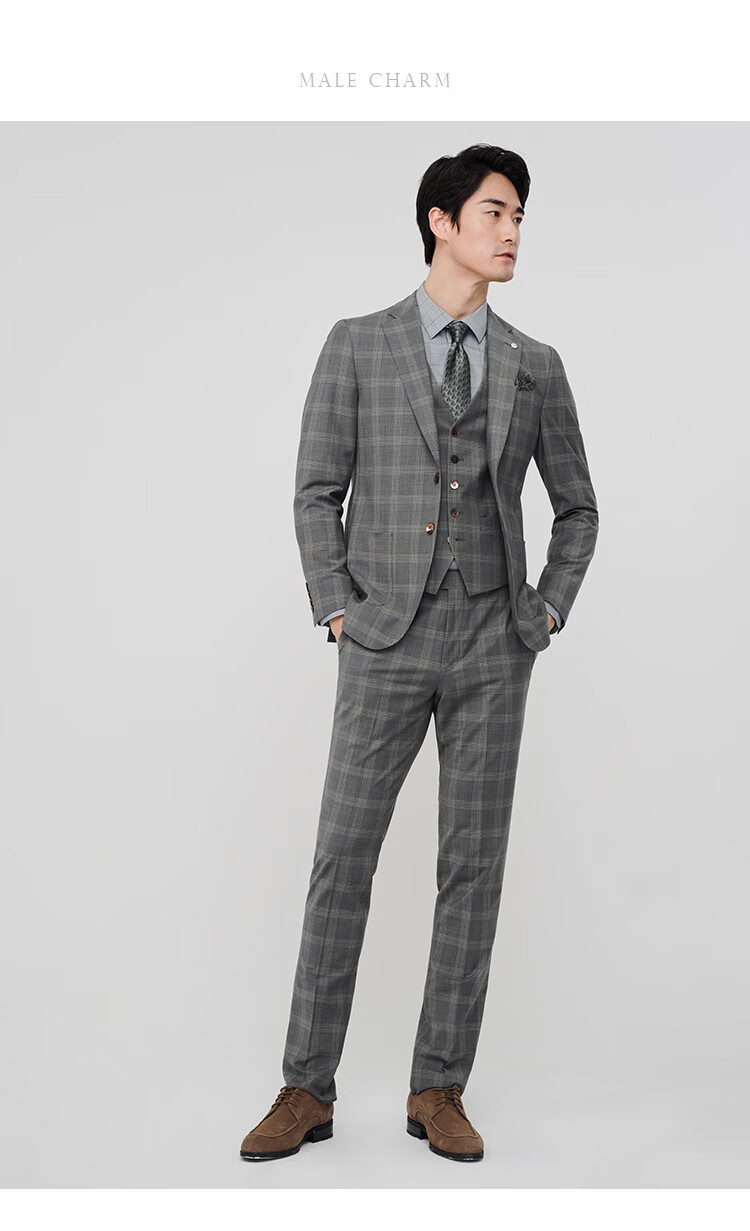 【羊毛桑蚕丝】jodoll乔顿灰色格纹西服男感商务正装西装外套 灰色