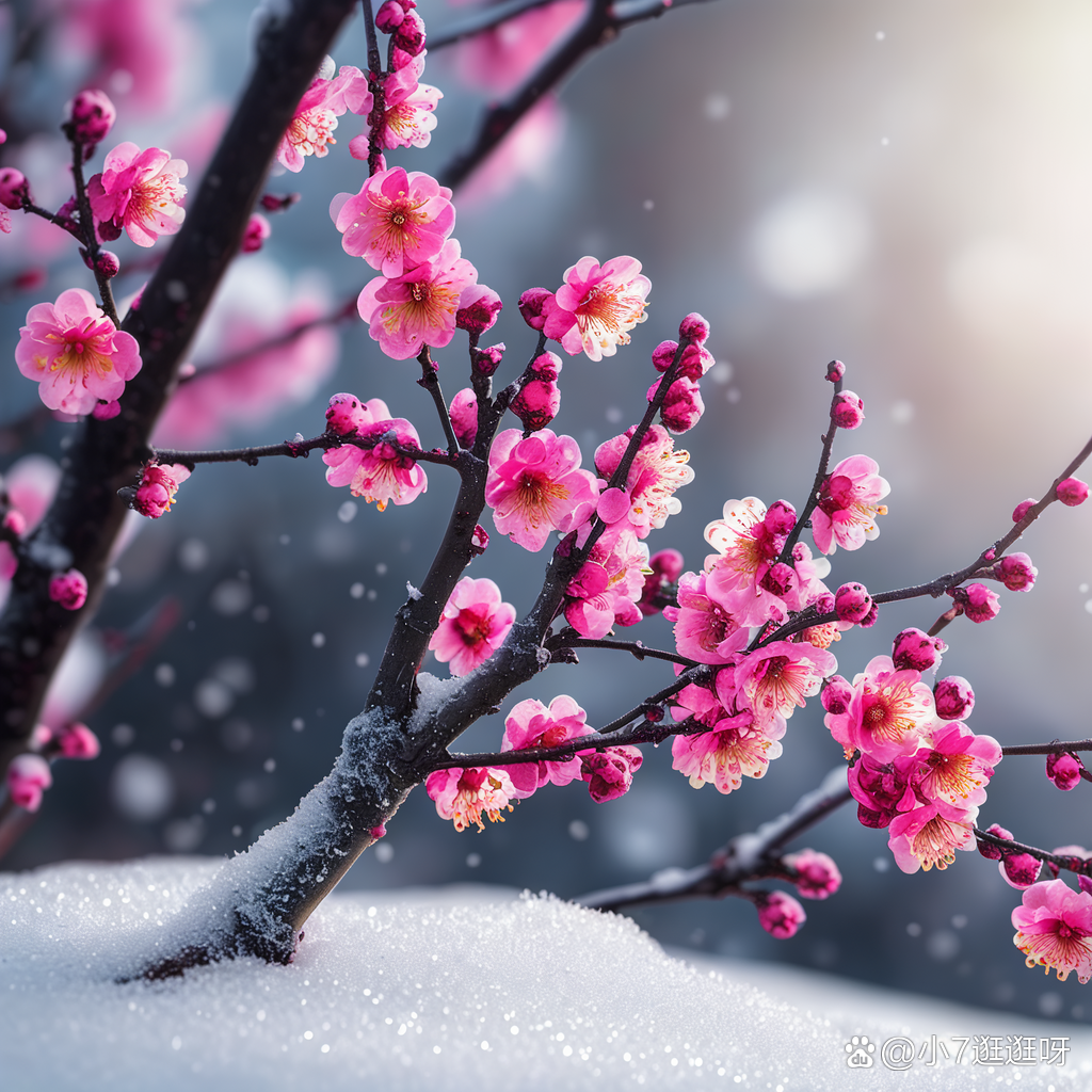 雪花纷纷,与这粉红的花海相互映衬,构成了一幅动人的画卷.