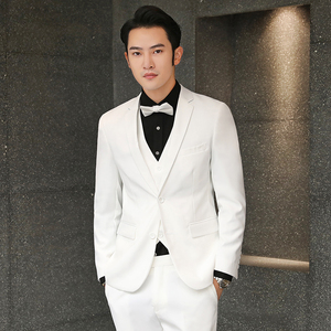 新郎西服纯白色套装男士三件套商务正装结婚礼服休闲修身韩版西装