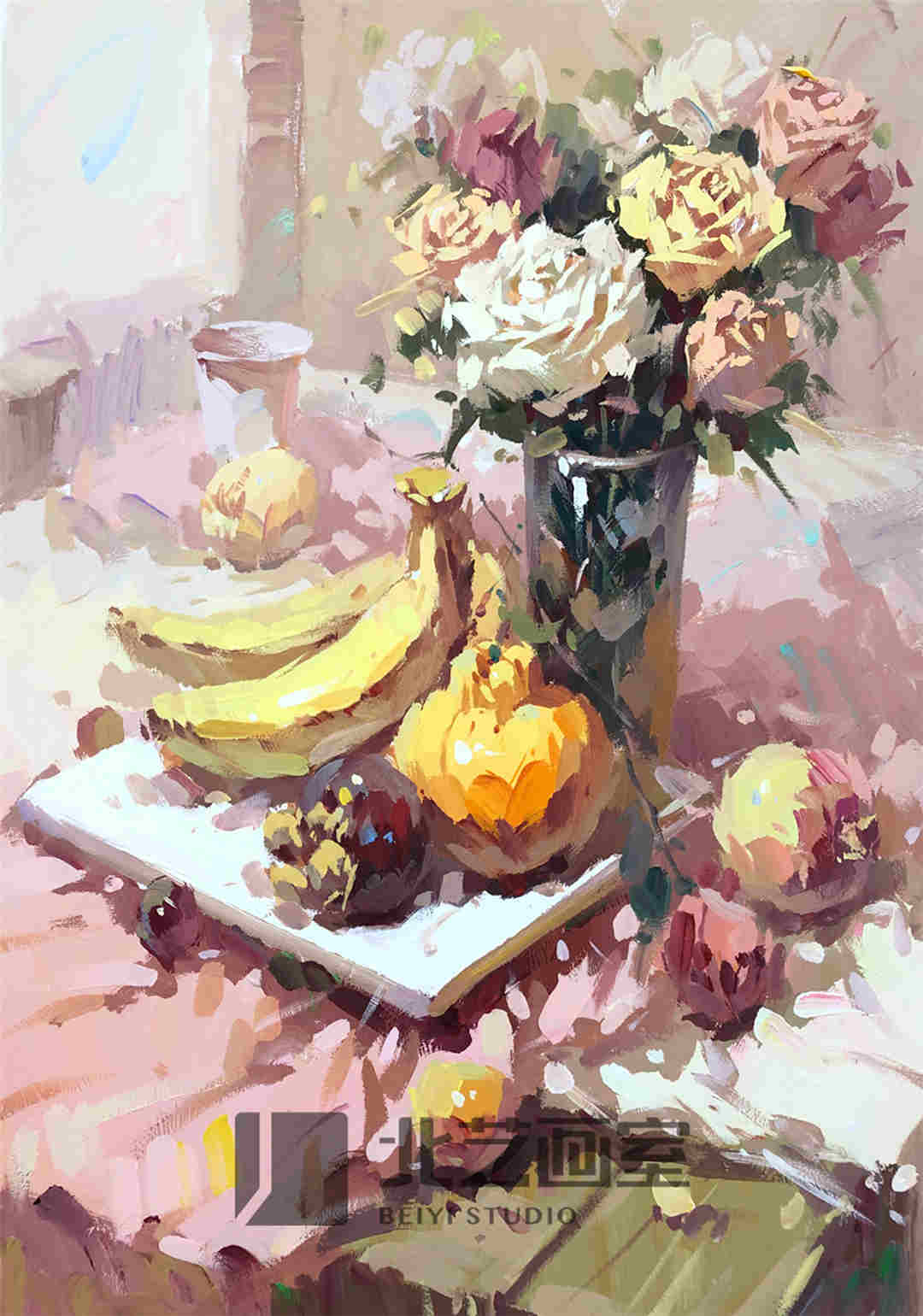 色彩静物作品赏析——香蕉,山竹,梨,花组合