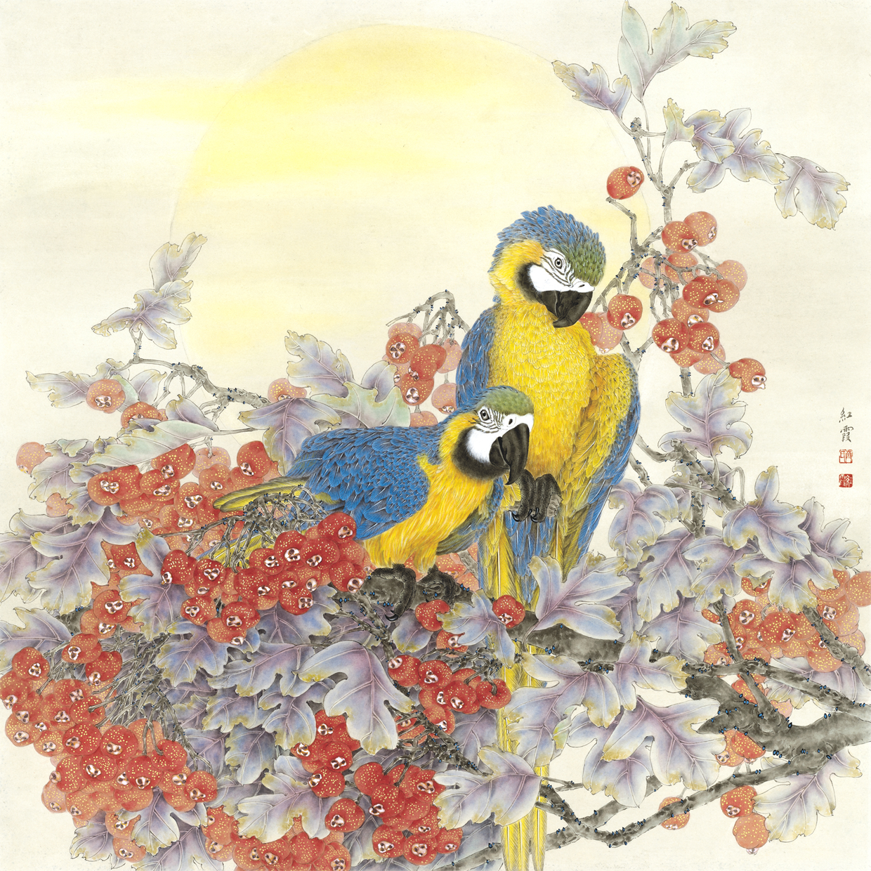 国色华彩齐红霞工笔画作品鉴赏