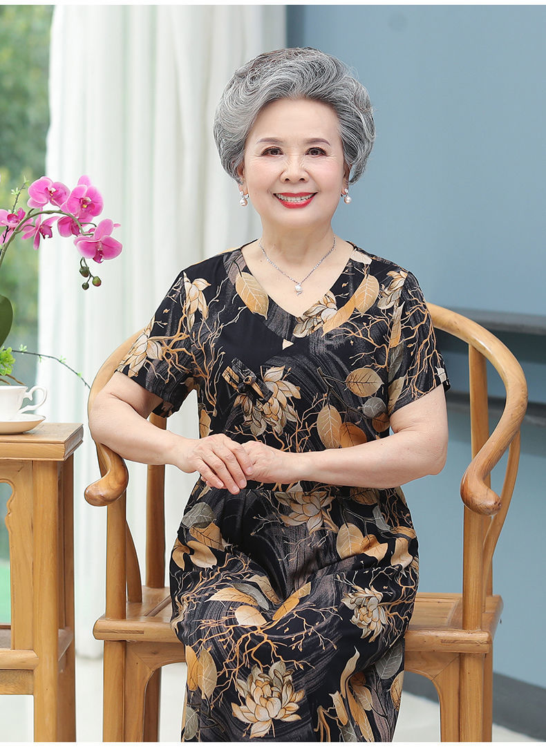 绵绸连衣裙女裙子中长款妈妈短袖60岁长裙宽松黑色294xl建议150160斤