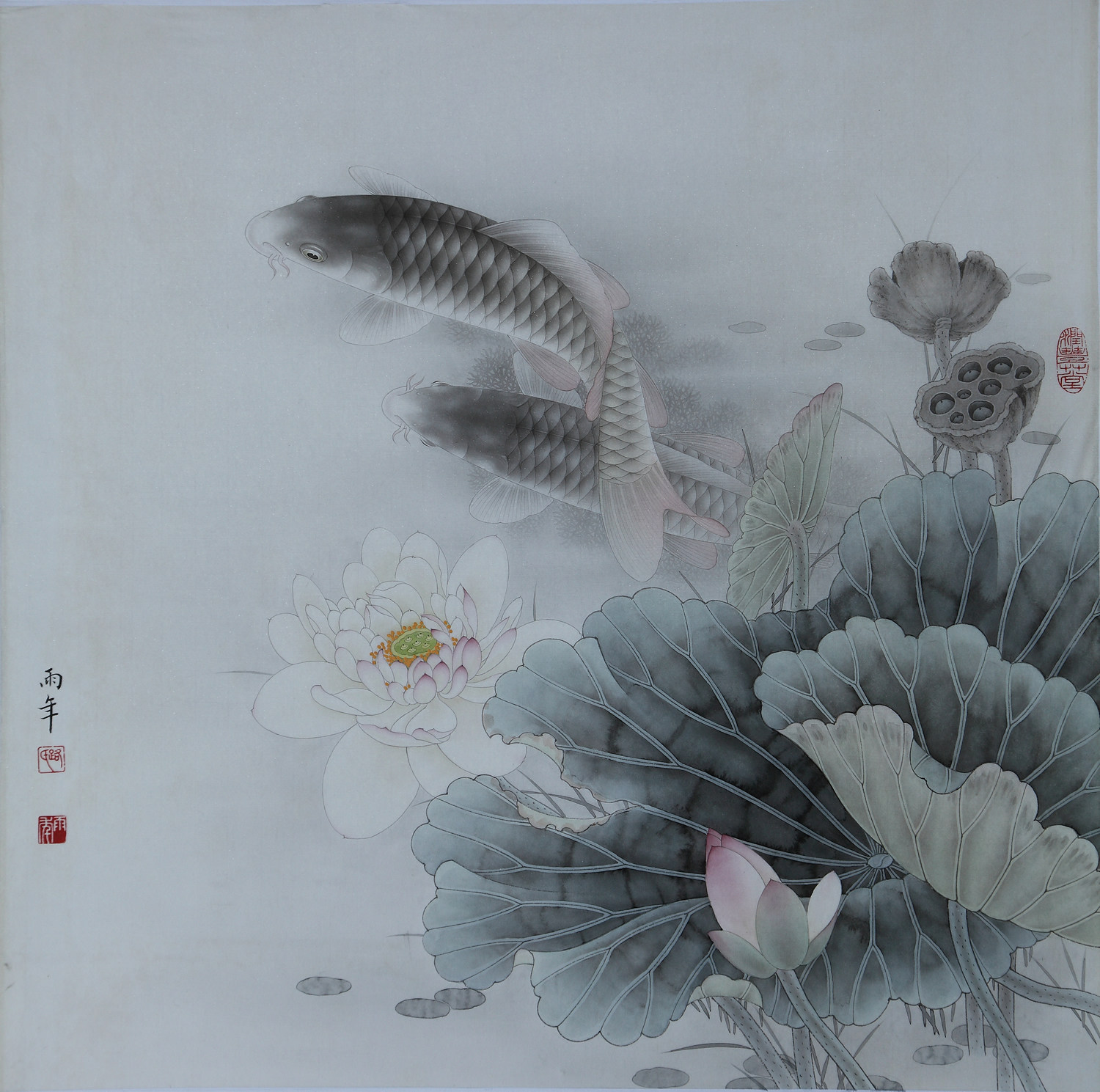 工笔画底稿路雨年荷花鲤鱼斗方白描打印稿宣纸本店国画