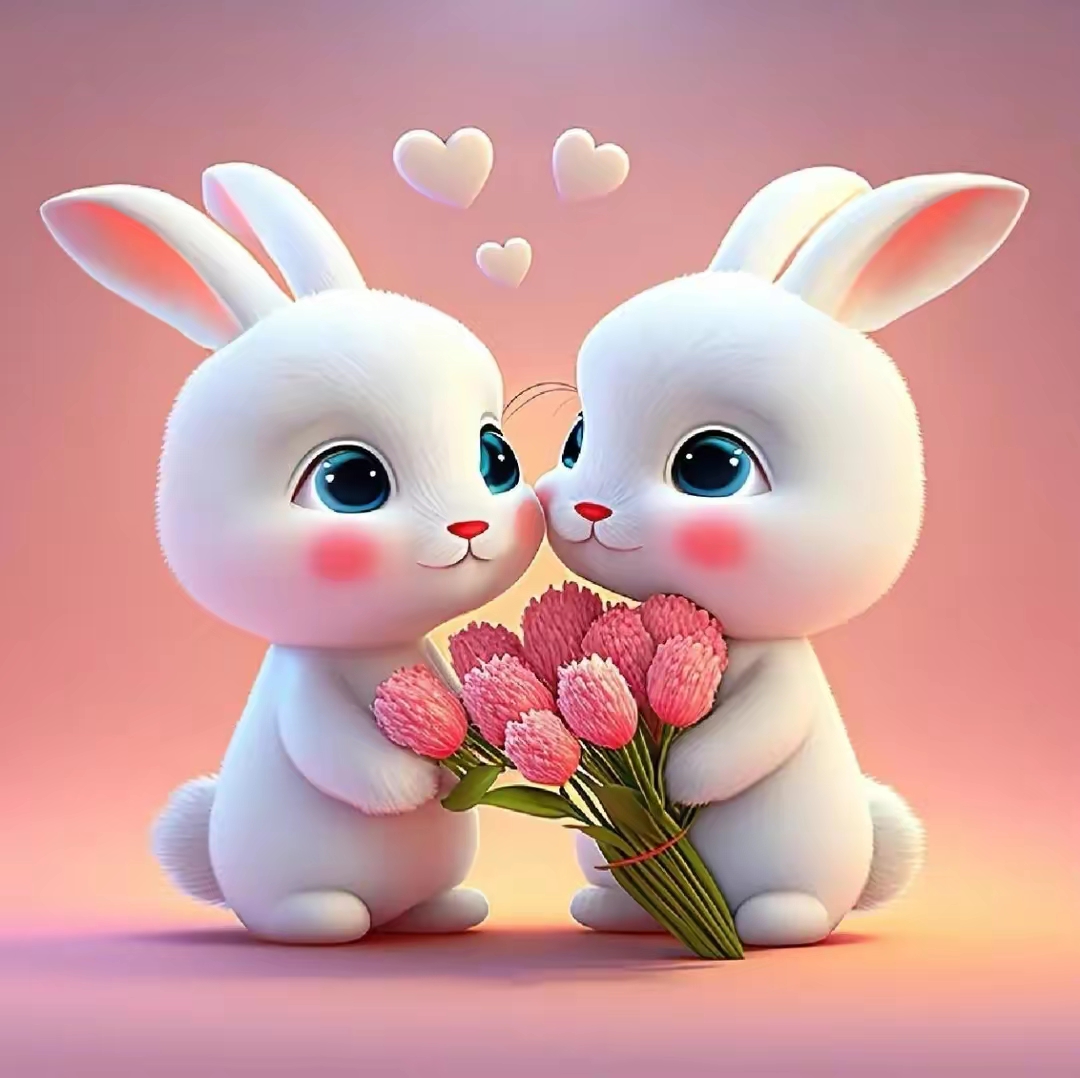 双手捧鲜花的情侣兔