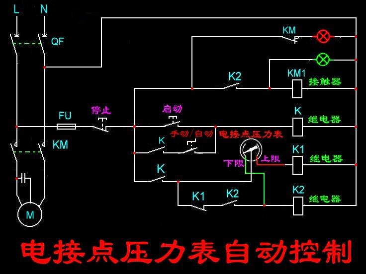 怎么用交流接触器继电器和电接点压力表控制220v气泵