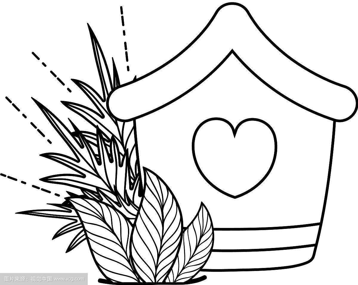 可爱的带叶子的木制鸟窝