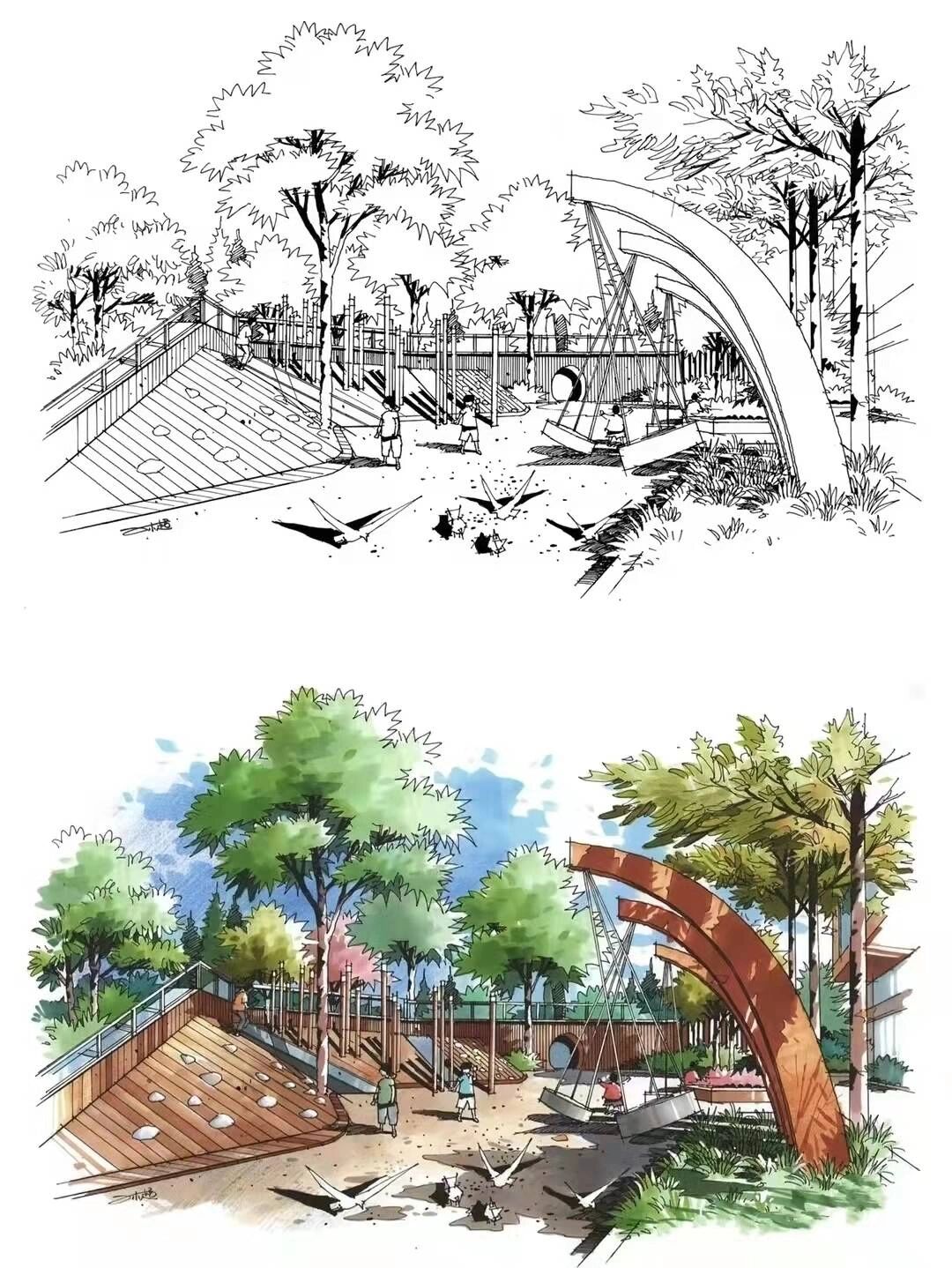 一组园林景观效果图马克笔手绘线稿上色献上