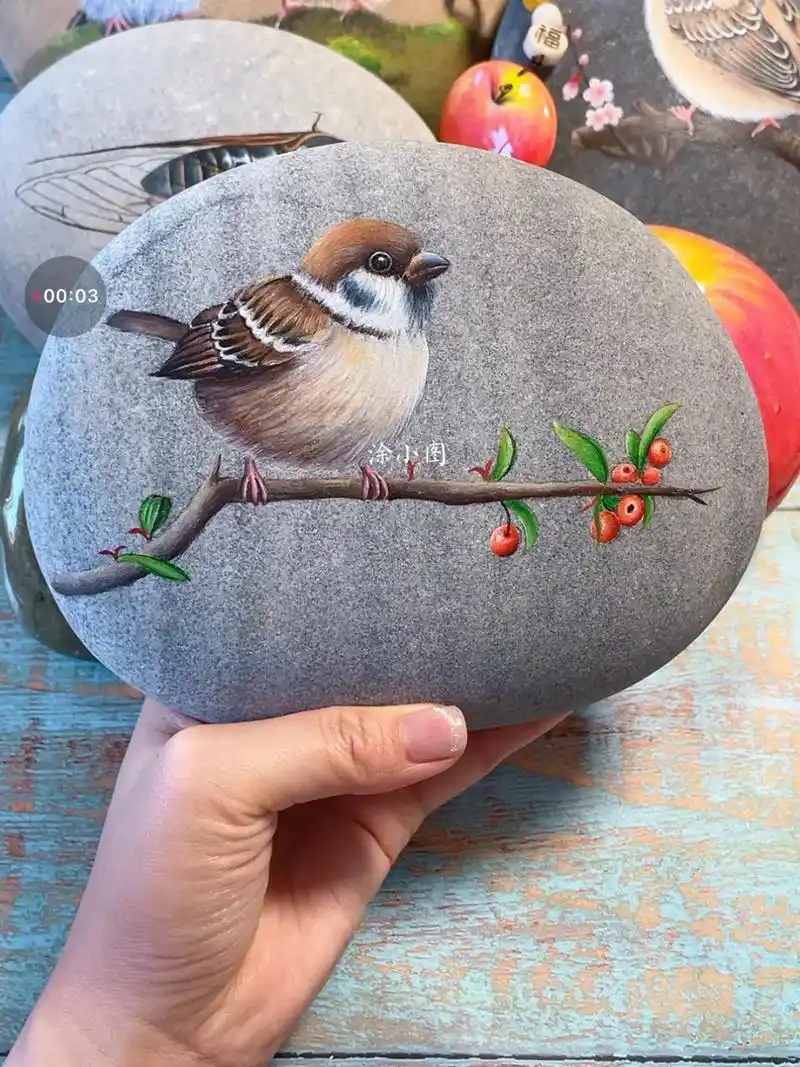 石头画【麻雀】步骤图.#涂小图石头画 #跟着抖音学画画 "家 - 抖音