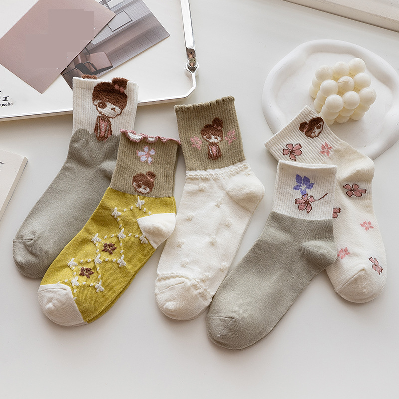 袜子女秋冬季新款可爱少女袜子小女孩甜美百搭日系中筒袜卷边棉袜
