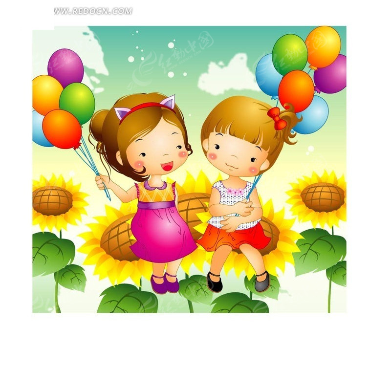 免费素材 矢量素材 矢量人物 卡通形象 坐在向日葵上拿着彩色气球的两