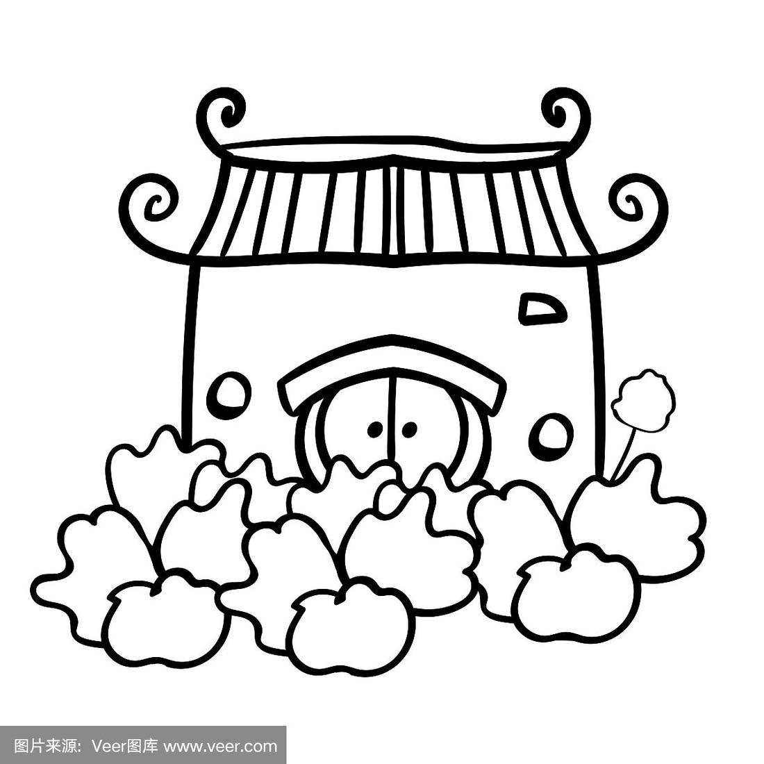 亚洲建筑中式,房子带花园.——嘟嘟插图.涂色页,涂色书.轮廓.