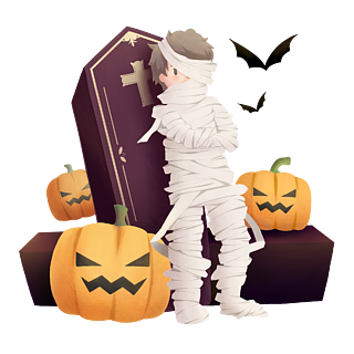 万圣节手绘卡通人物可爱男孩木乃伊绷带棺材