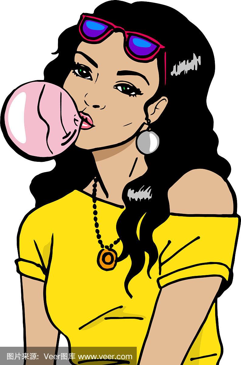 美丽的女孩正在吹泡泡糖