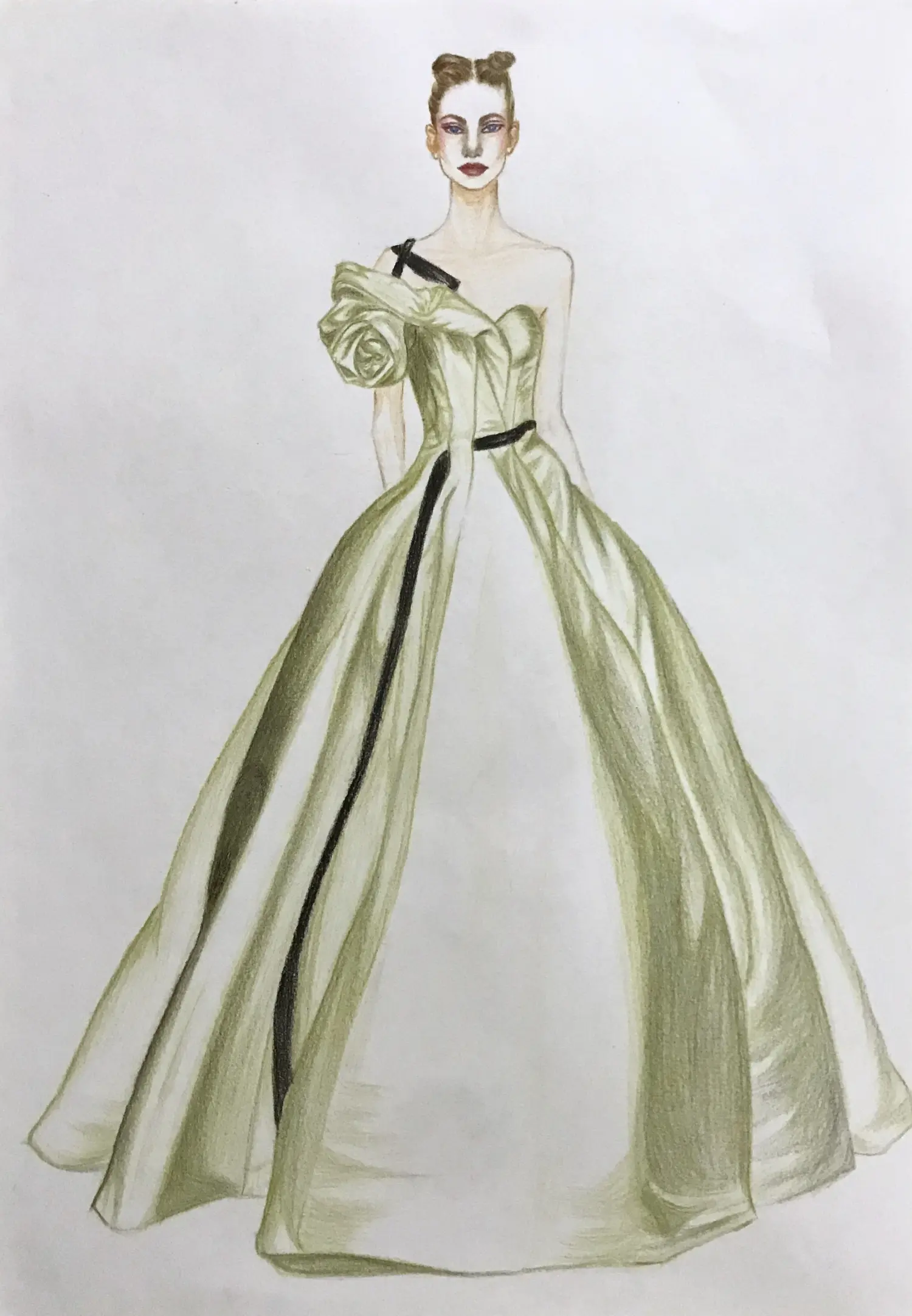 时装手绘|彩铅笔触下,哪吒头女孩的晚礼服