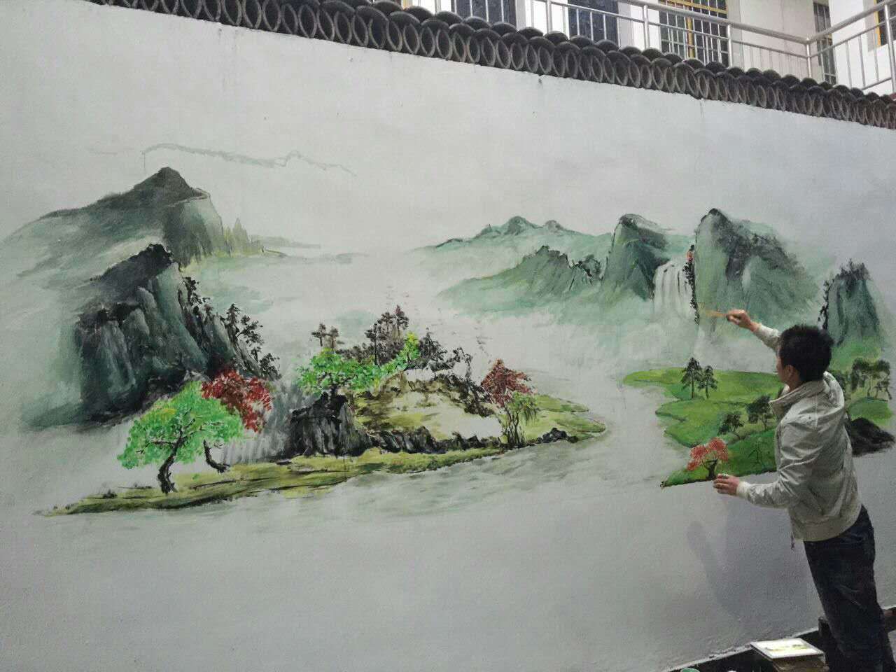 手绘墙 壁画 兄弟庭院巨幅山水