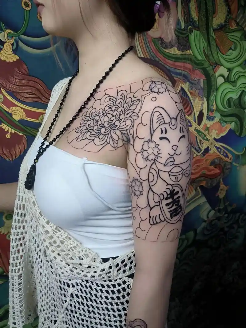 招财猫半甲线条#招财猫半甲#女生半甲#防水纹身贴 - 抖音