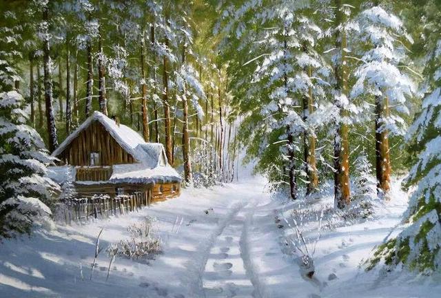 波兰冬季雪景森林风景油画︱马列克·什切帕尼亚克作品