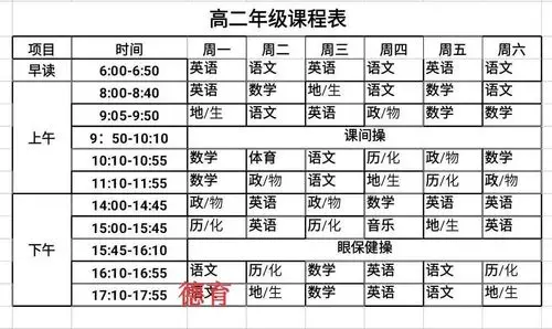 高二年级疫情期间网上学习课程表