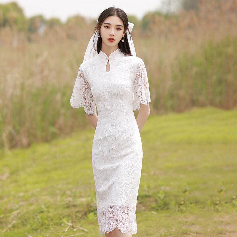 白色小礼礼服2021新款蕾丝旗袍中长款轻婚纱礼服