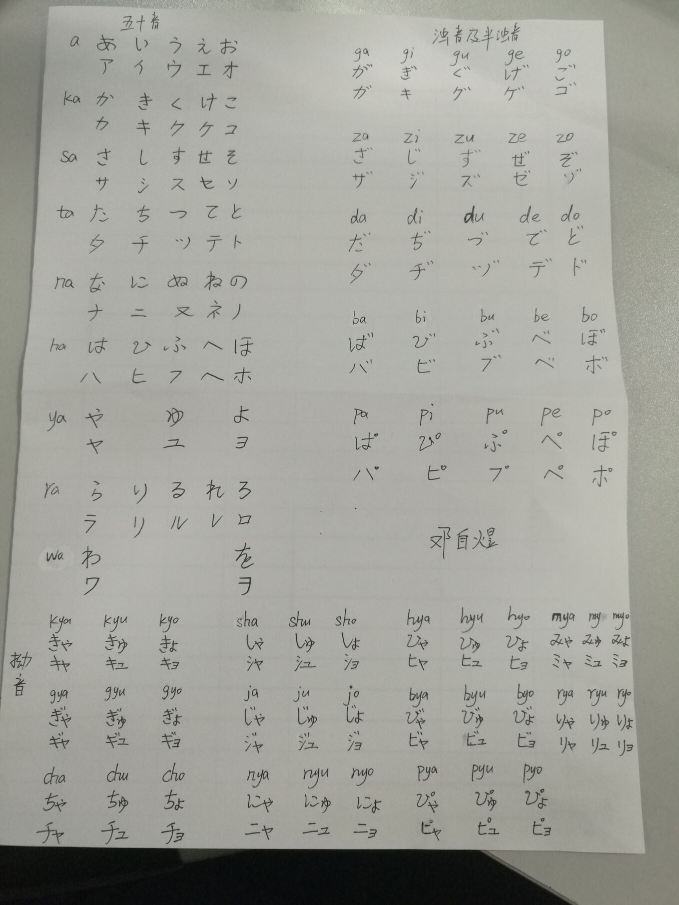 冬雨33班级五十音图手写体