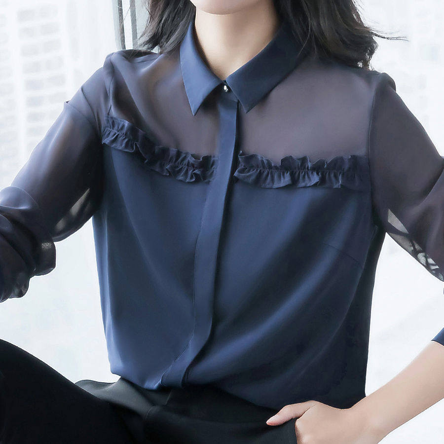 2020春款气质长袖雪纺衬衫女大码宽松职业衬衣休闲韩版女士上衣潮